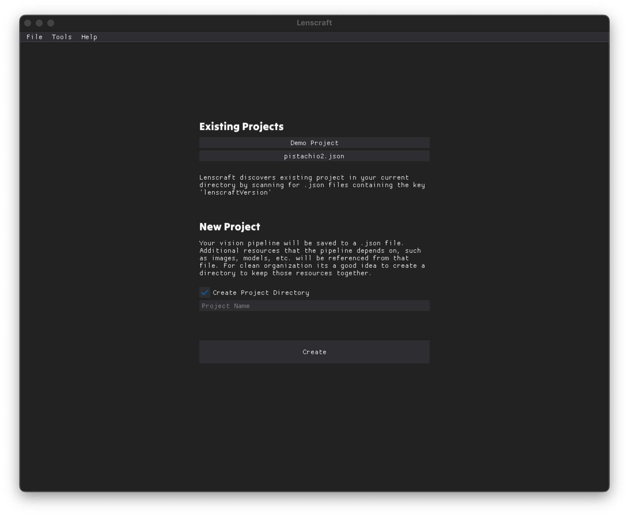 Screenshot of the Lenscraft new project form